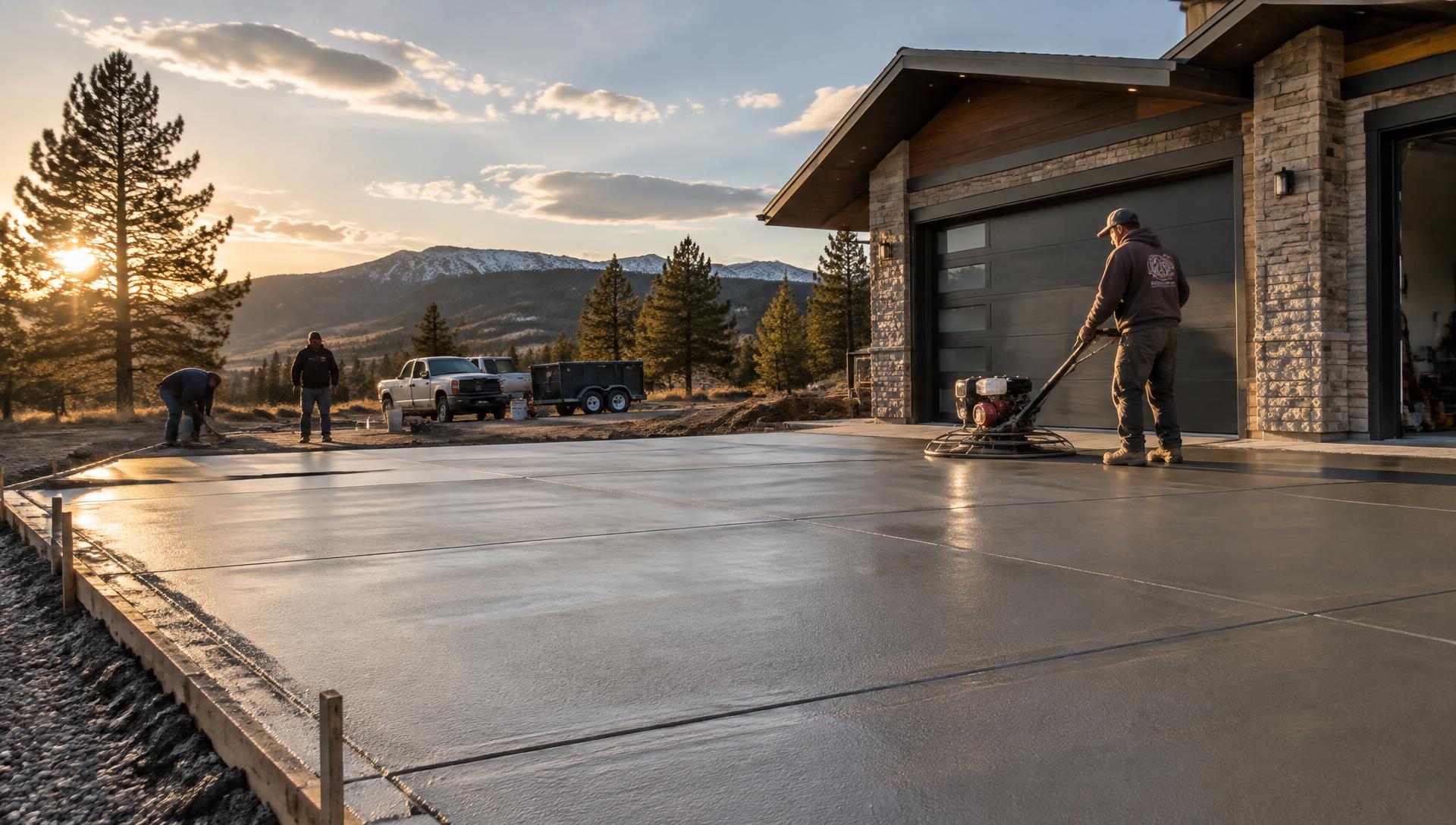Concrete crew finishing a fresh driveway pour in Boulder, Colorado