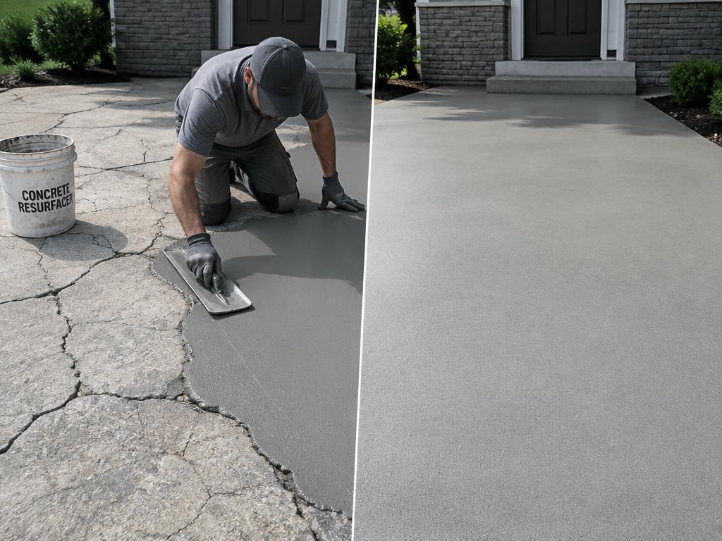 Concrete crack repair and resurfacing work on an existing slab